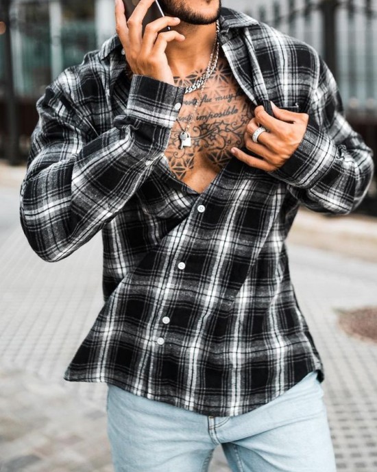 Motorcycle style Chicano long sleeved black and white plaid HF3204-01-04 Motorcycle style Chicano long sleeved black and white plaid HF3204-01-04