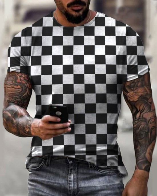 Round neck black and white plaid creative T-shirt HF2214-02-04 Round neck black and white plaid creative T-shirt HF2214-02-04